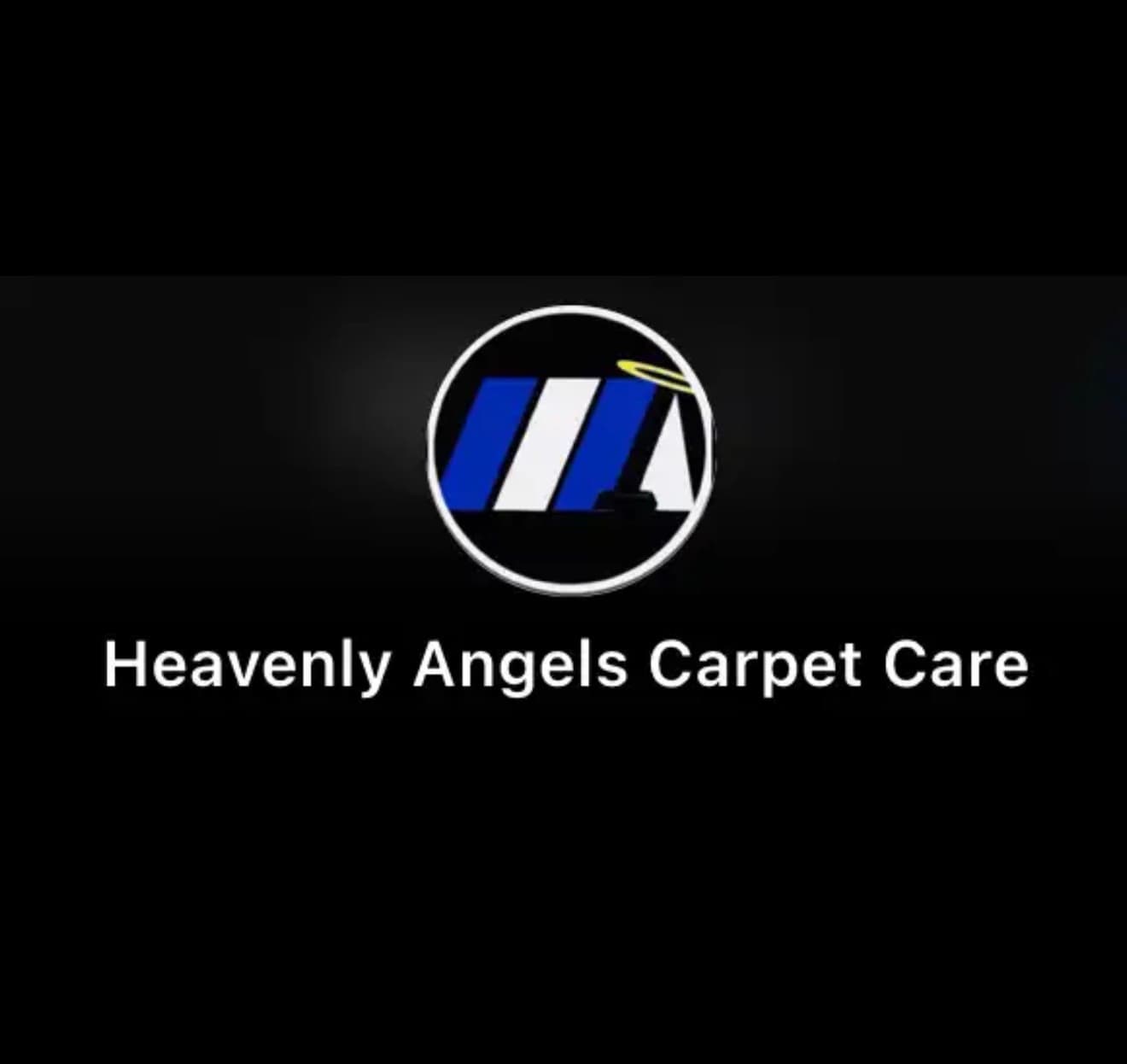 Heavenly Angels Carpet Care logo with blue and white stripes, a halo, and cleaning tool.