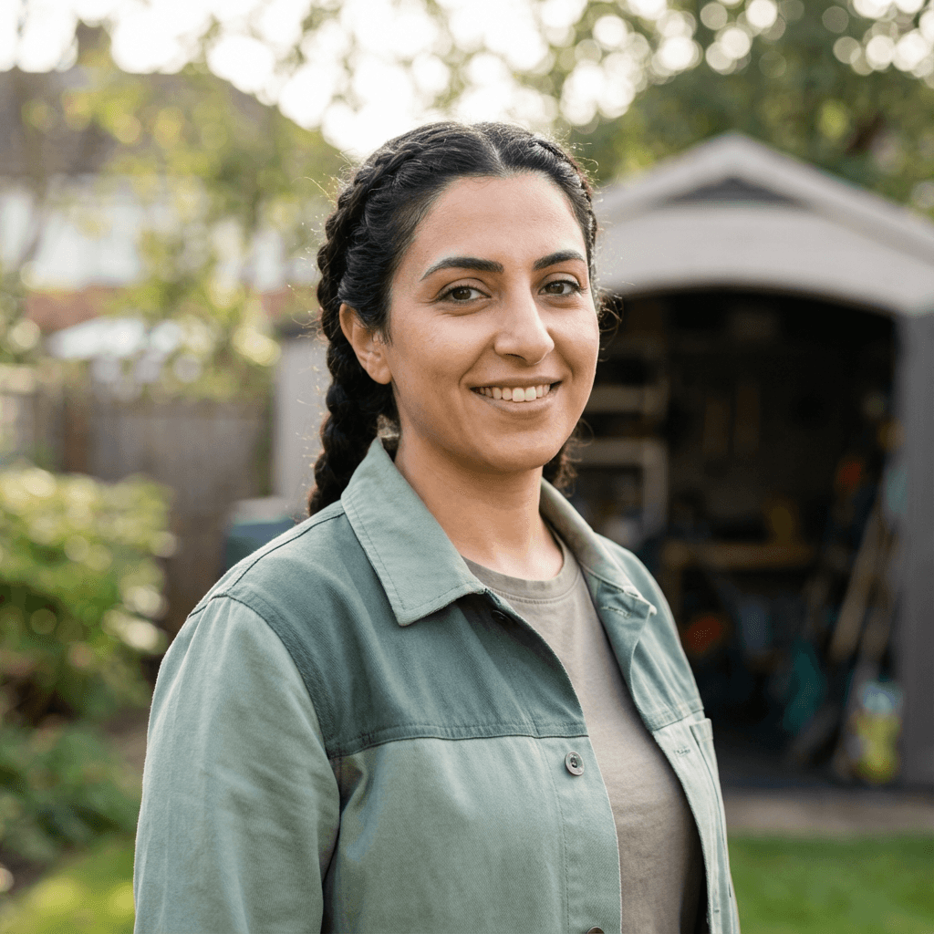 Happy female homeowner in her 30s smiling in a bright living room