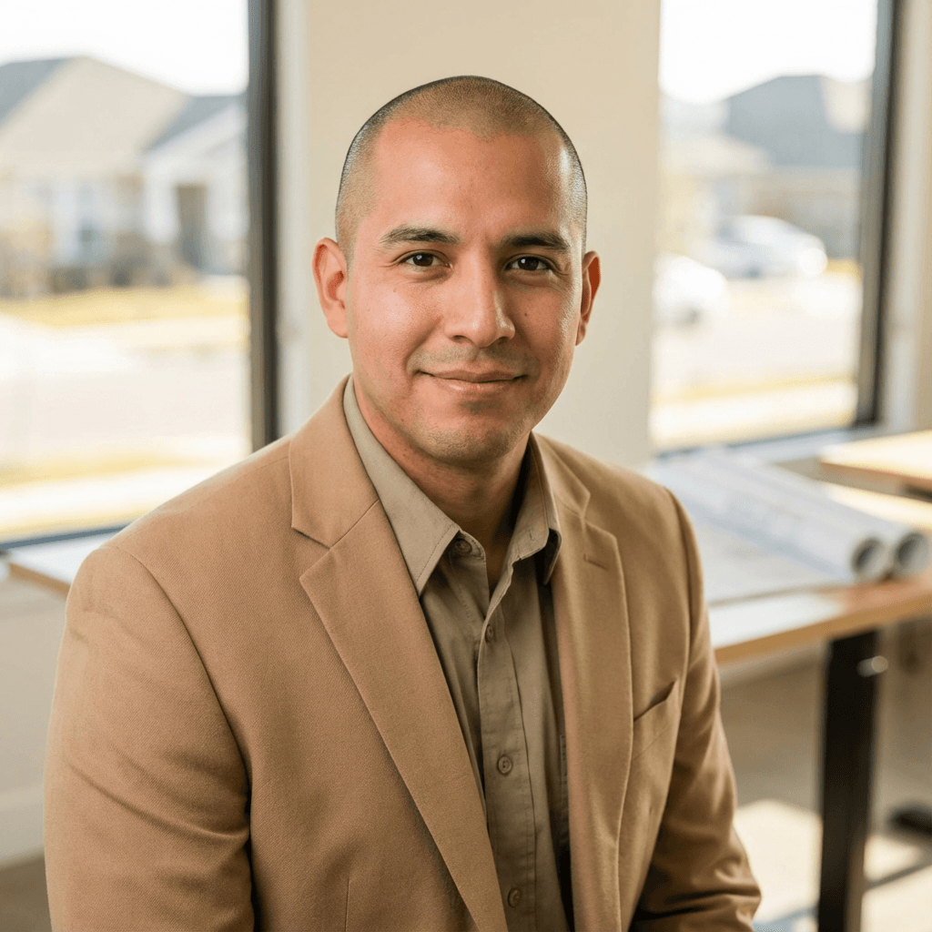 Tom Herrera, a Hispanic man in his late 30s, professional attire in a commercial office
