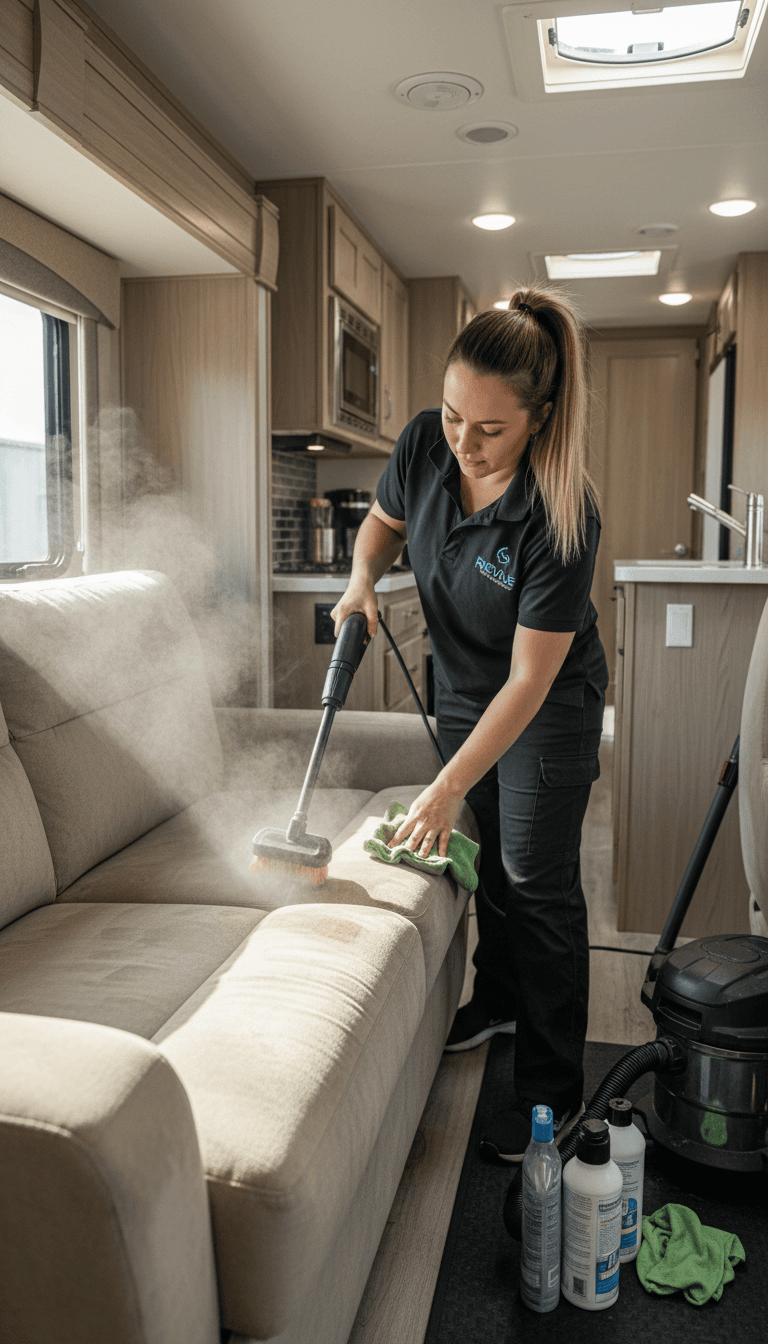 Detailer steaming the upholstery inside an RV