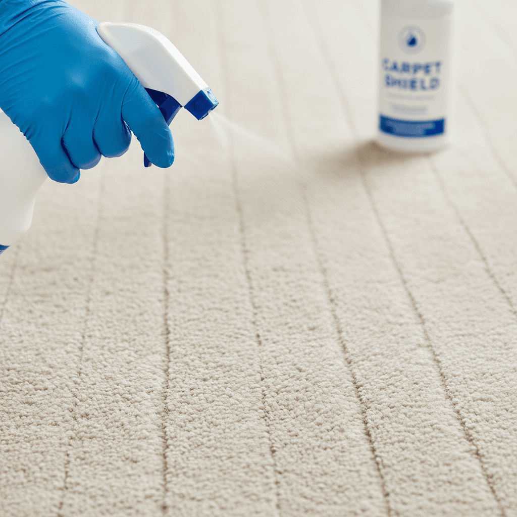 Professional hand applying carpet protectant spray with trigger bottle on clean carpet