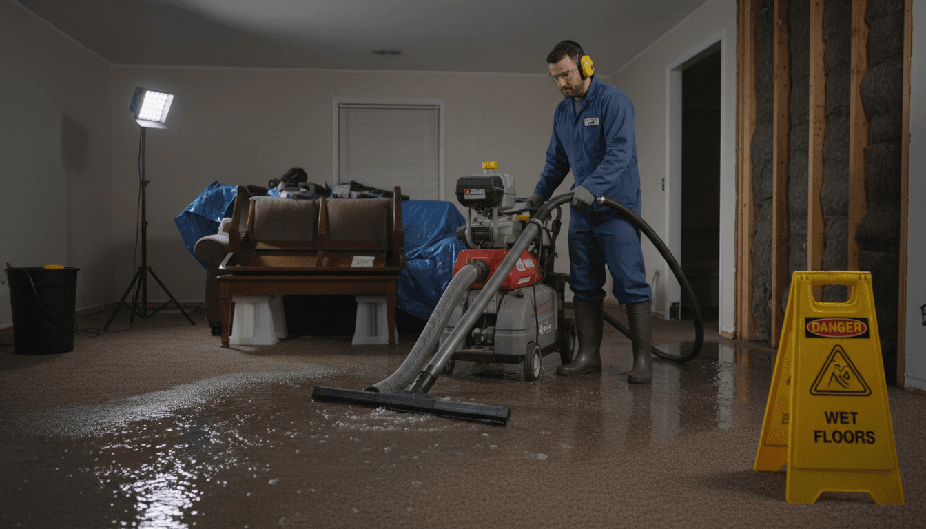 Technician using a water extraction machine in a flooded home