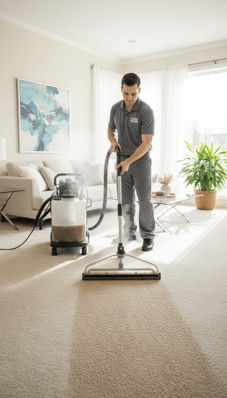 Professional carpet cleaner working in a bright living room