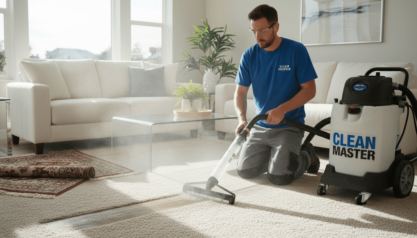 Professional carpet cleaner using steam extraction machine on residential carpet