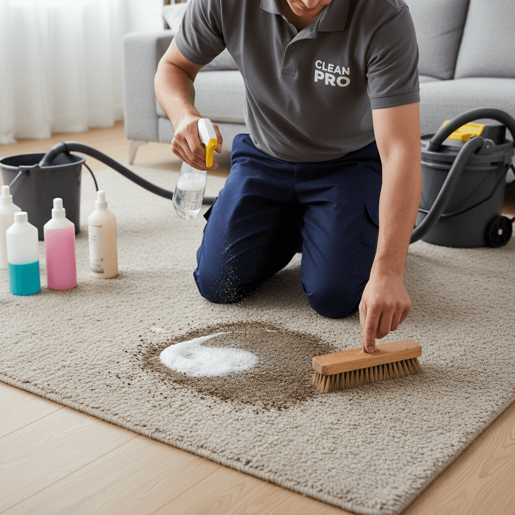 Technician treating a stain on carpet