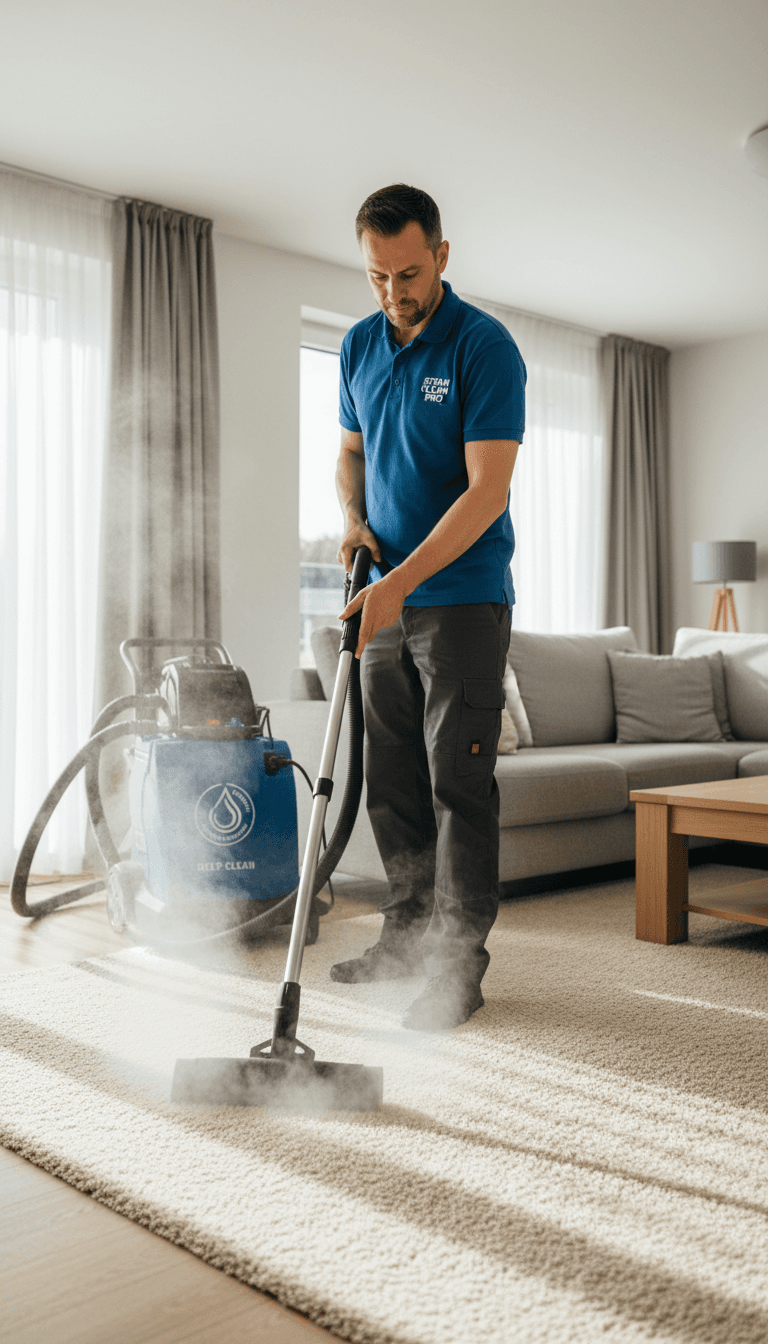Professional carpet cleaner using a steam extraction machine on a living room carpet