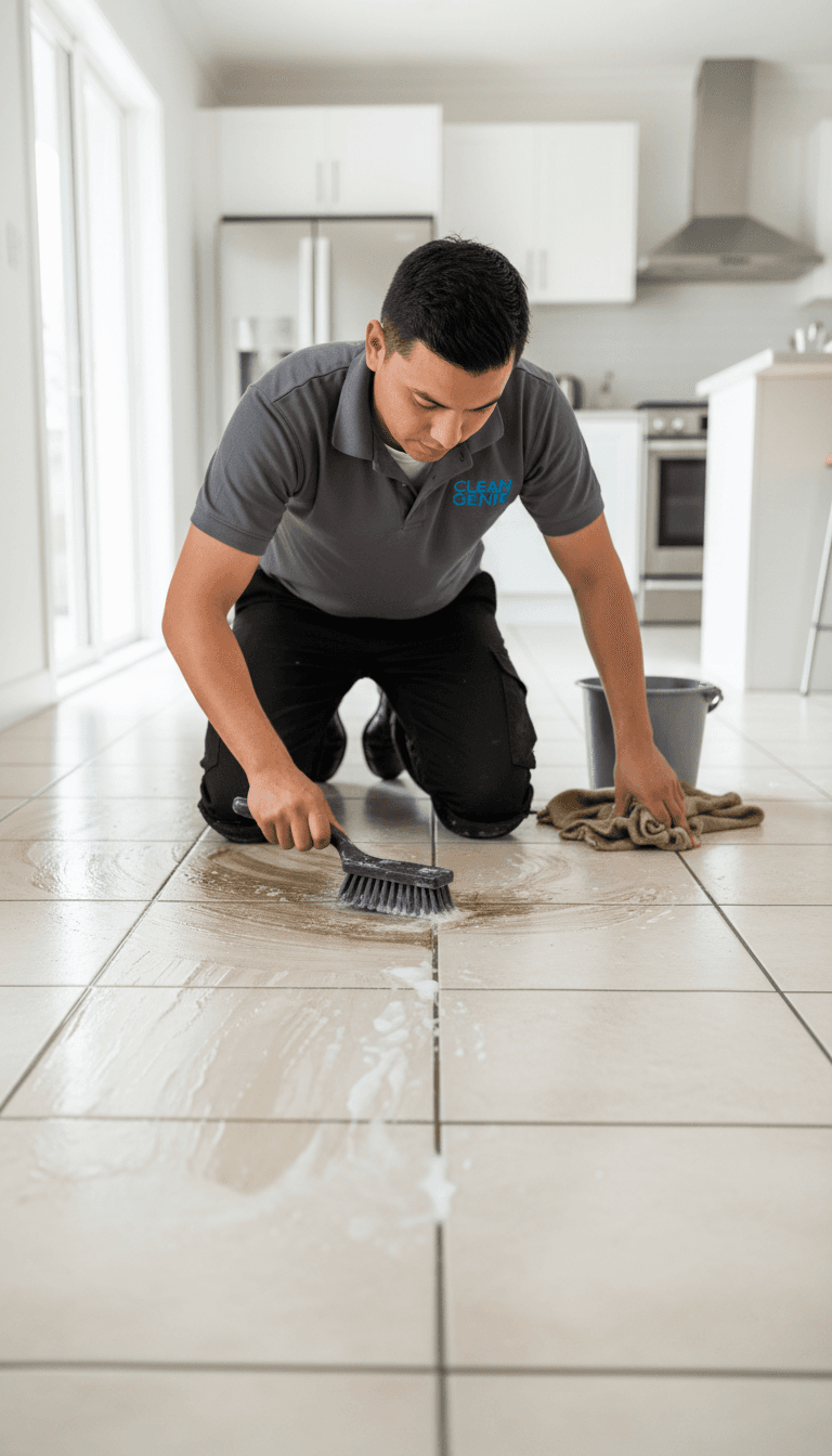 Technician deep cleaning grout lines on a tile floor