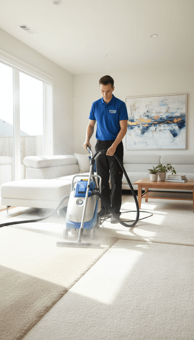 Professional carpet cleaner using steam cleaning machine in a bright living room
