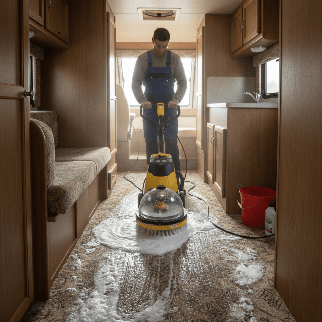 Cleaner shampooing RV carpet with rotary machine in narrow aisle