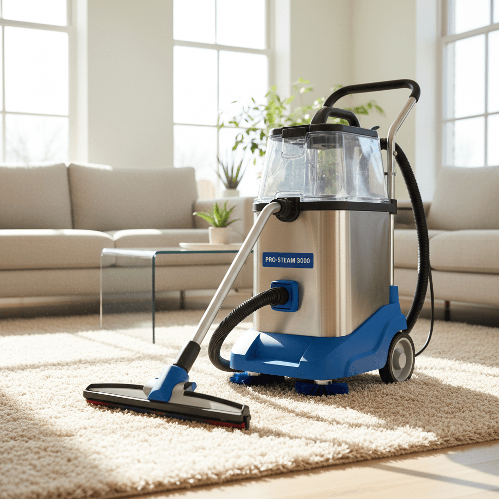 Carpet cleaning machine steaming a living room carpet