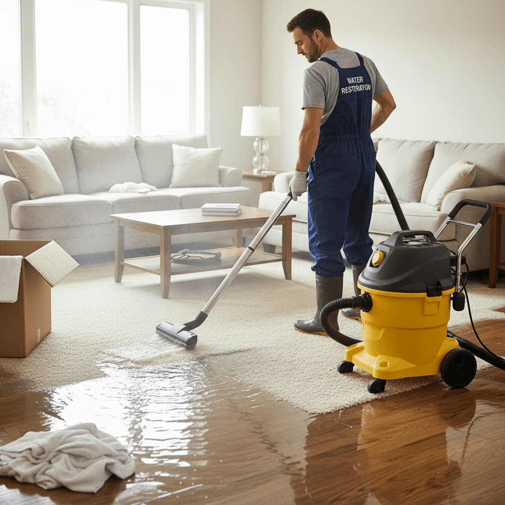 Technician using a wet vacuum to extract water from a flooded carpet