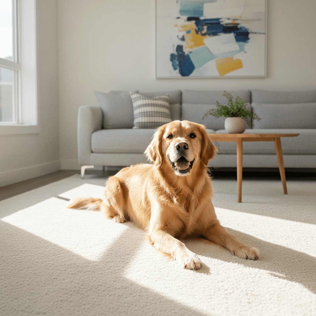 Happy dog lying on fresh clean carpet in a bright living room with sunlight
