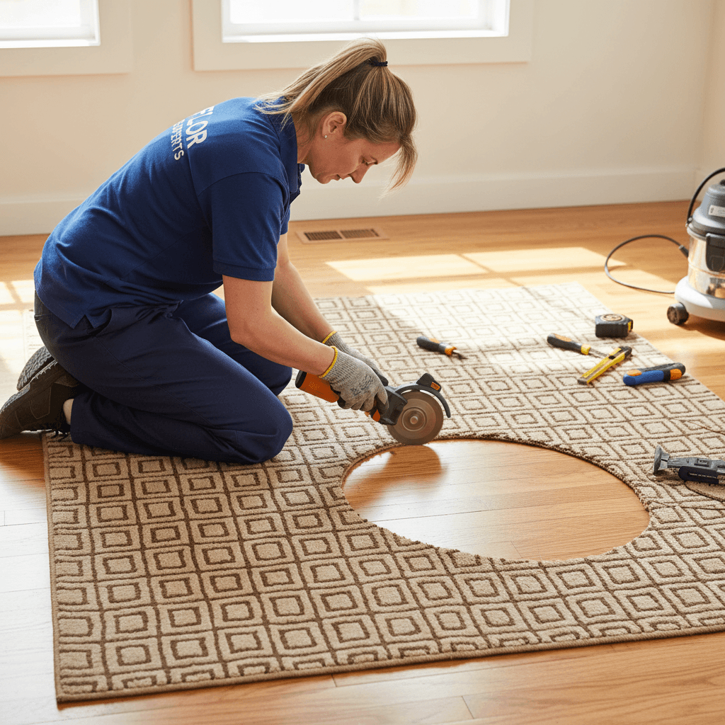 Technician cutting a clean patch from a carpet remnant on the floor