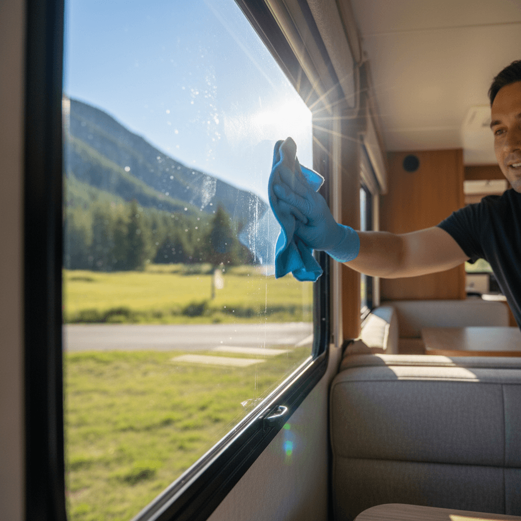 Cleaner wiping interior RV window with microfiber cloth leaving streak-free shine