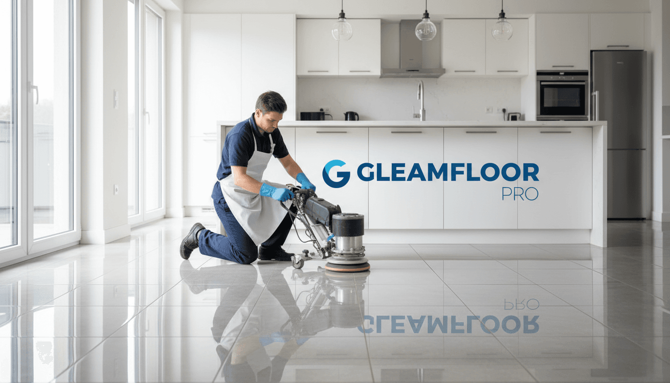 Cleaner restoring a glossy tile floor in a bright kitchen
