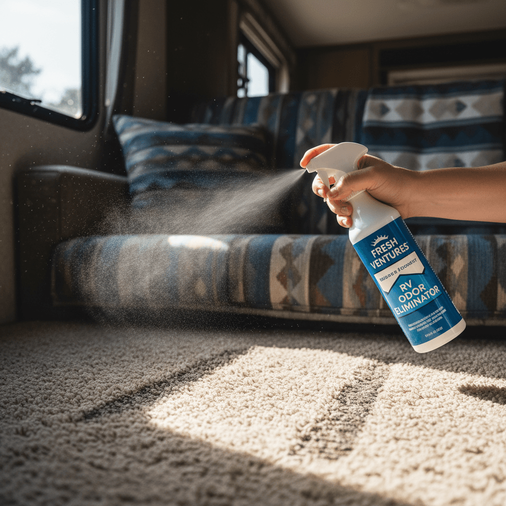 Spray bottle of odor eliminator being applied to RV carpet and upholstery