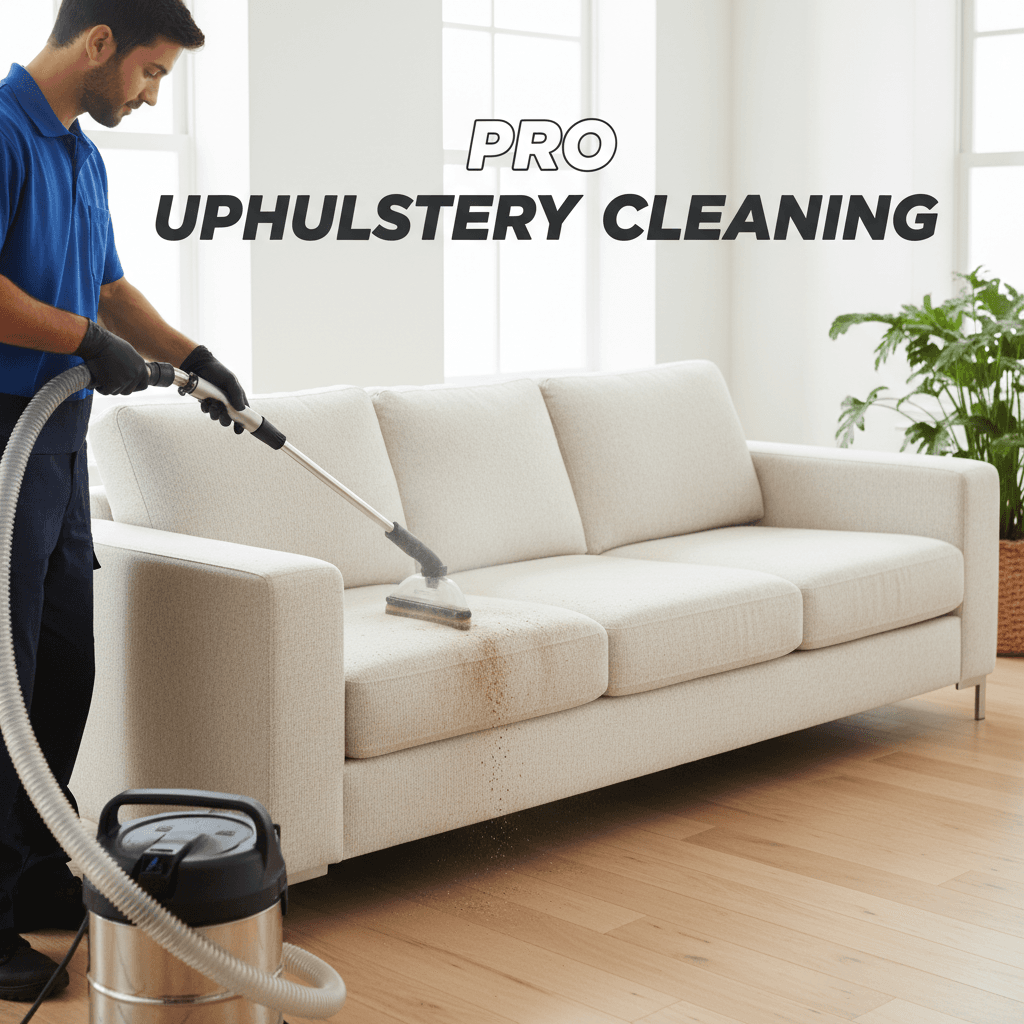 Professional cleaning a fabric sofa with upholstery tool
