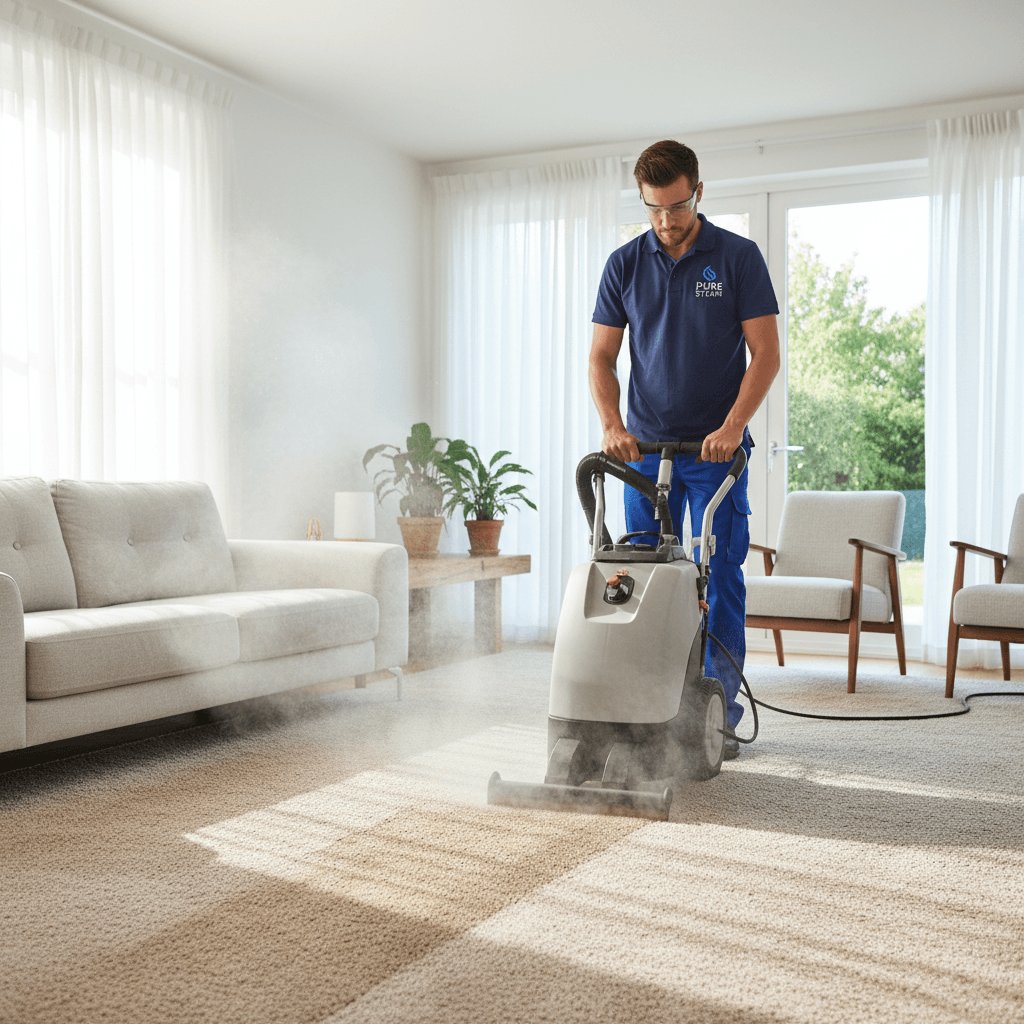 Professional carpet cleaner running a steam machine over beige carpet in a bright living room
