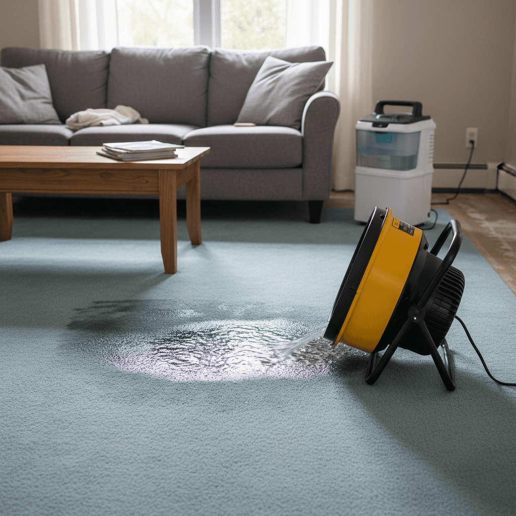 High-velocity air mover fan drying a wet carpet in a room