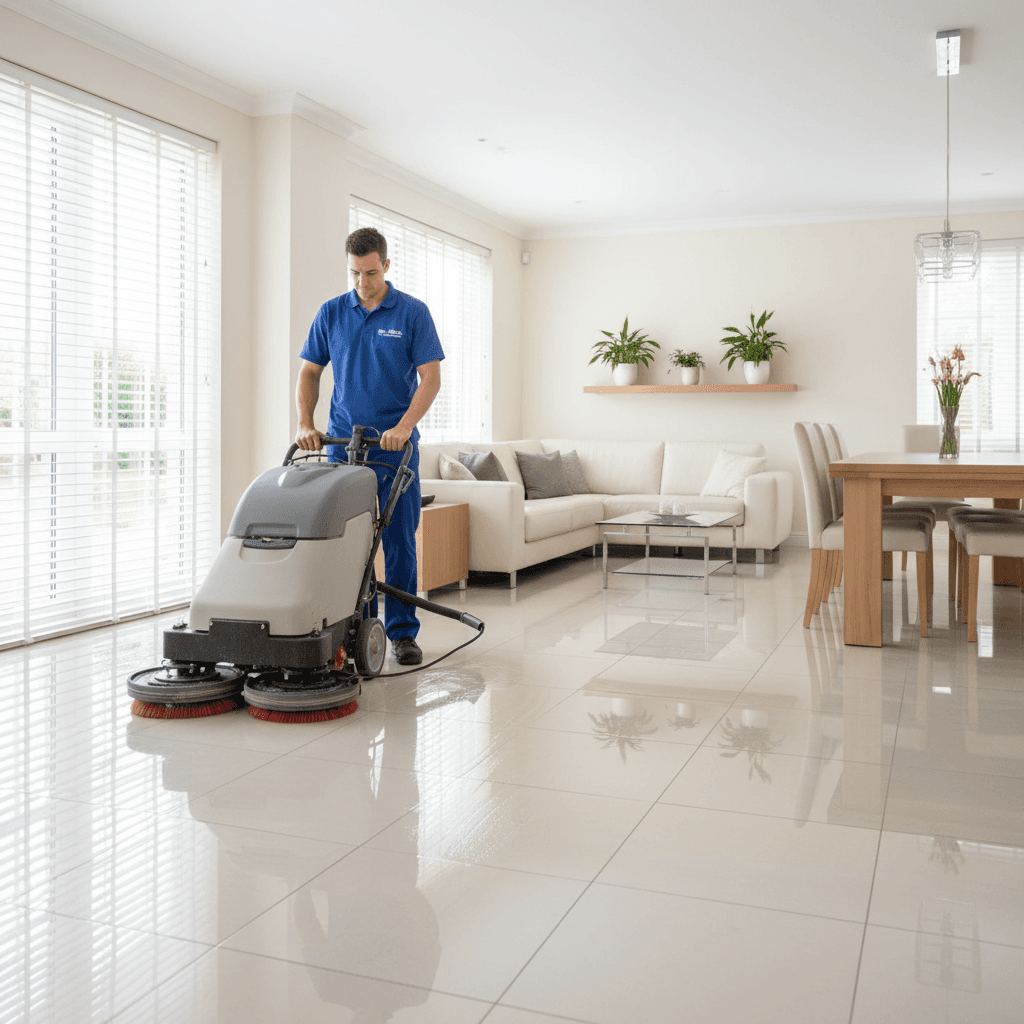 Technician cleaning tile floor with professional machine
