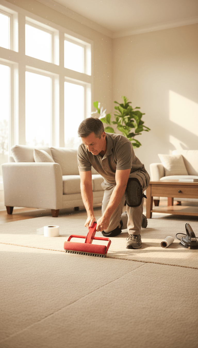 Technician repairing a carpet seam in a bright living room