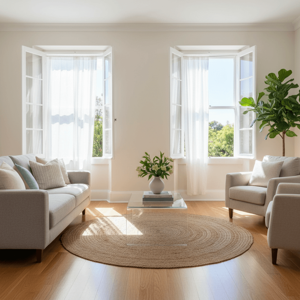 Freshly cleaned bright living room with open windows letting in natural light