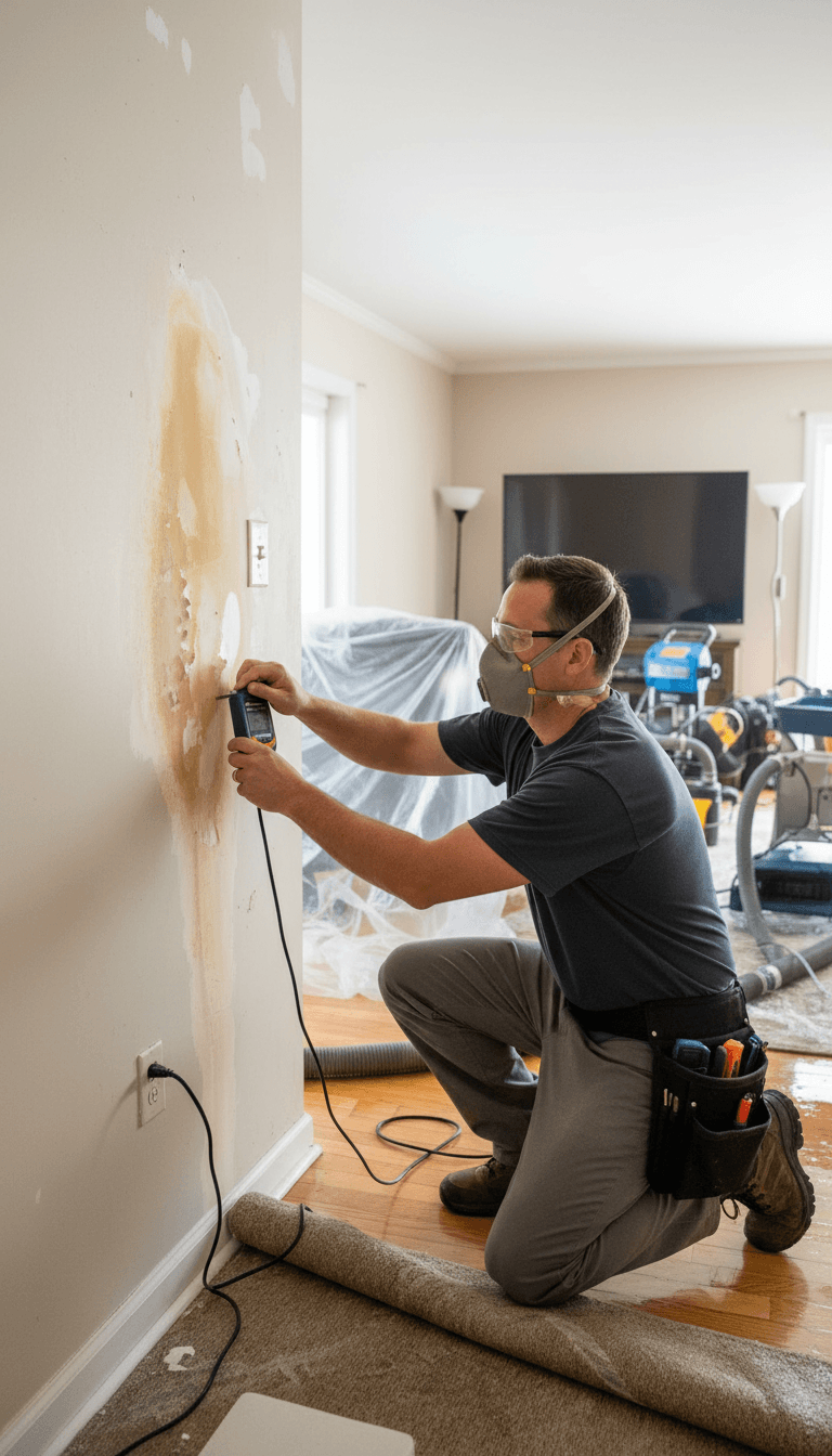 Technician checking a wall for moisture during water damage restoration