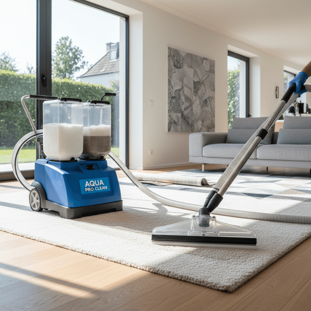 Professional carpet extractor machine rinsing and vacuuming carpet in a modern home
