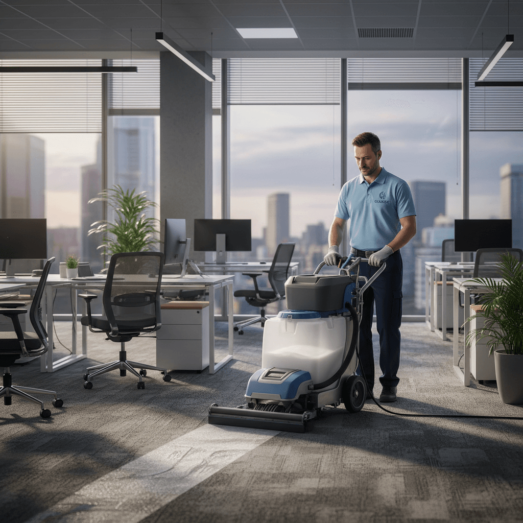Cleaner working on carpet in a modern office