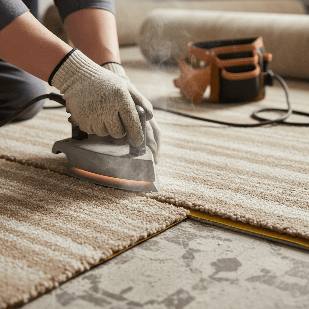 Carpet seam pressed flat with a hot iron tool during repair