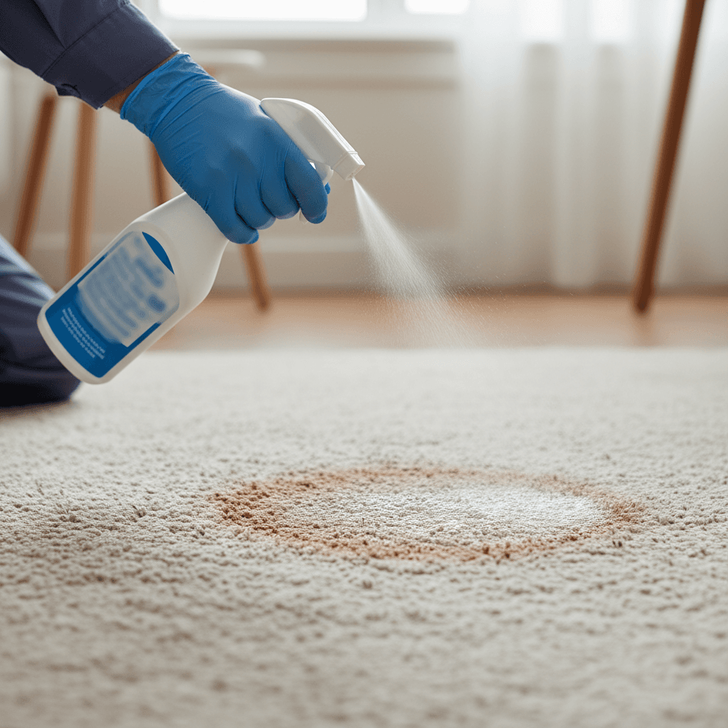 Close-up of a carpet stain being sprayed with cleaning solution by a professional