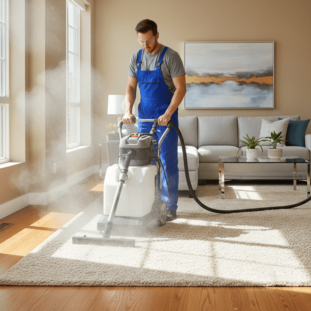 Steam cleaning a carpet in a bright living room