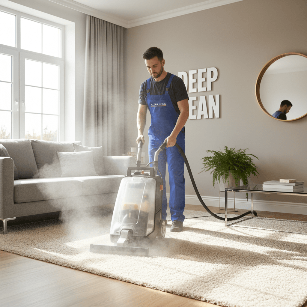 Professional cleaner using steam machine on carpet in bright living room