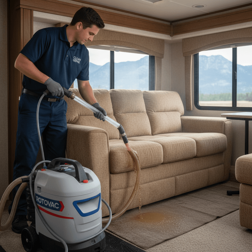 Professional cleaner using extraction machine on fabric RV sofa