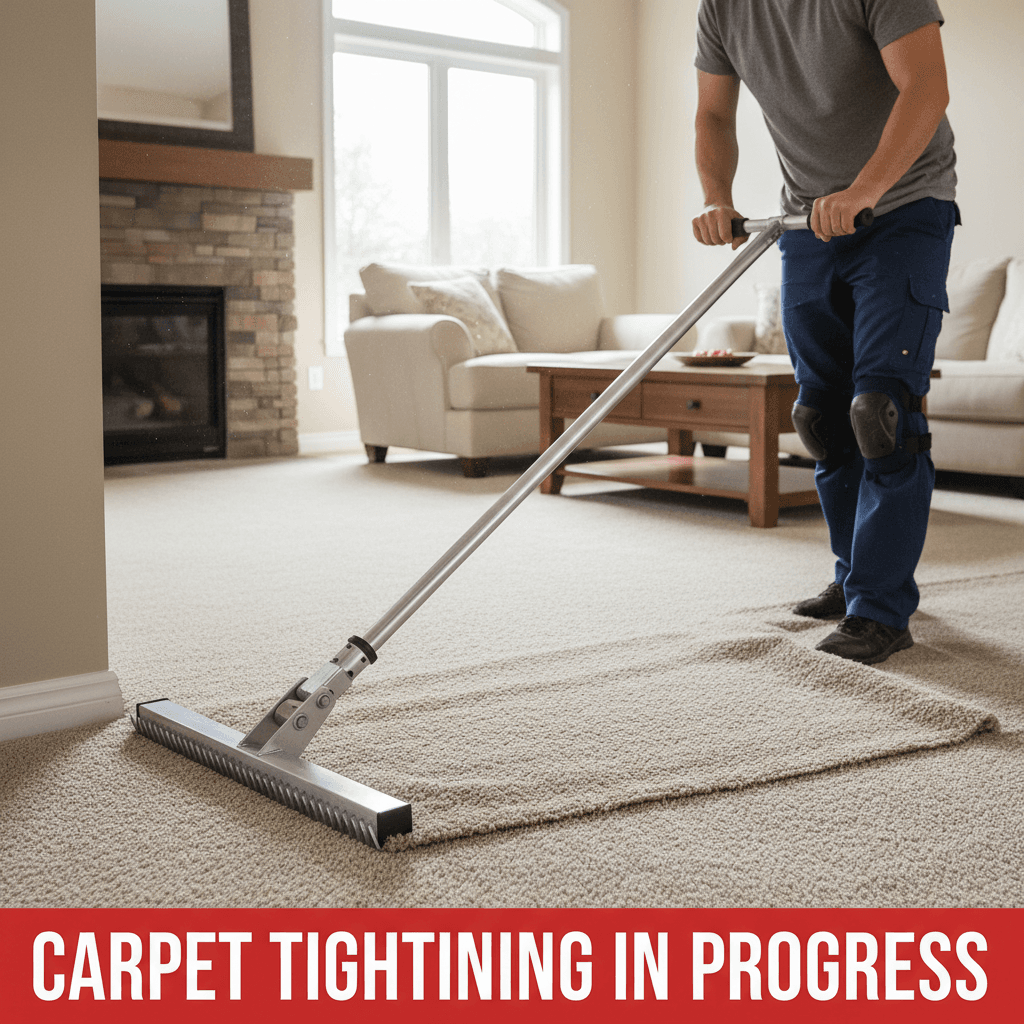 Power stretcher tightening loose carpet in a living room