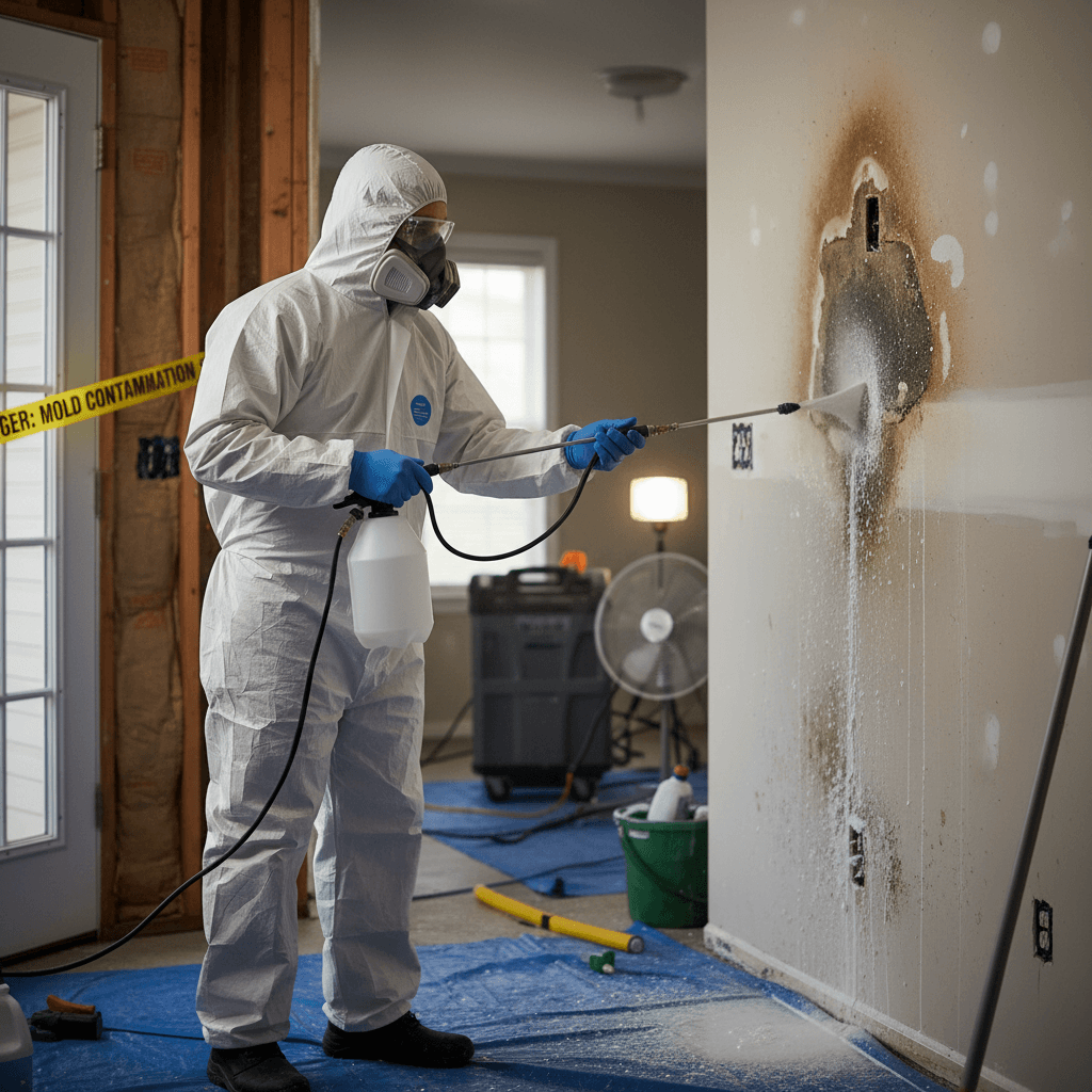 Cleaner applying mold prevention treatment to a wall after water damage