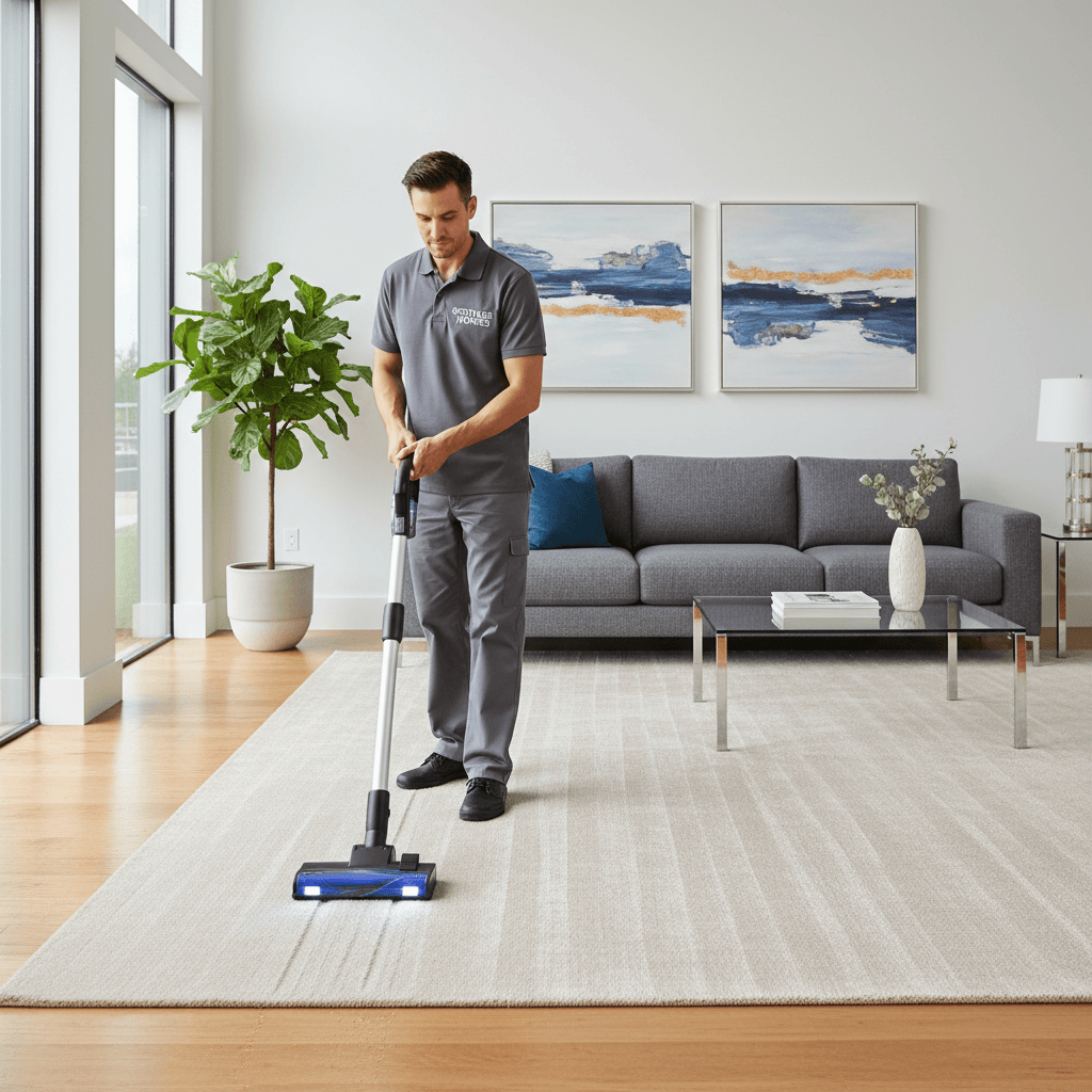 Professional cleaner vacuuming carpet in a modern home