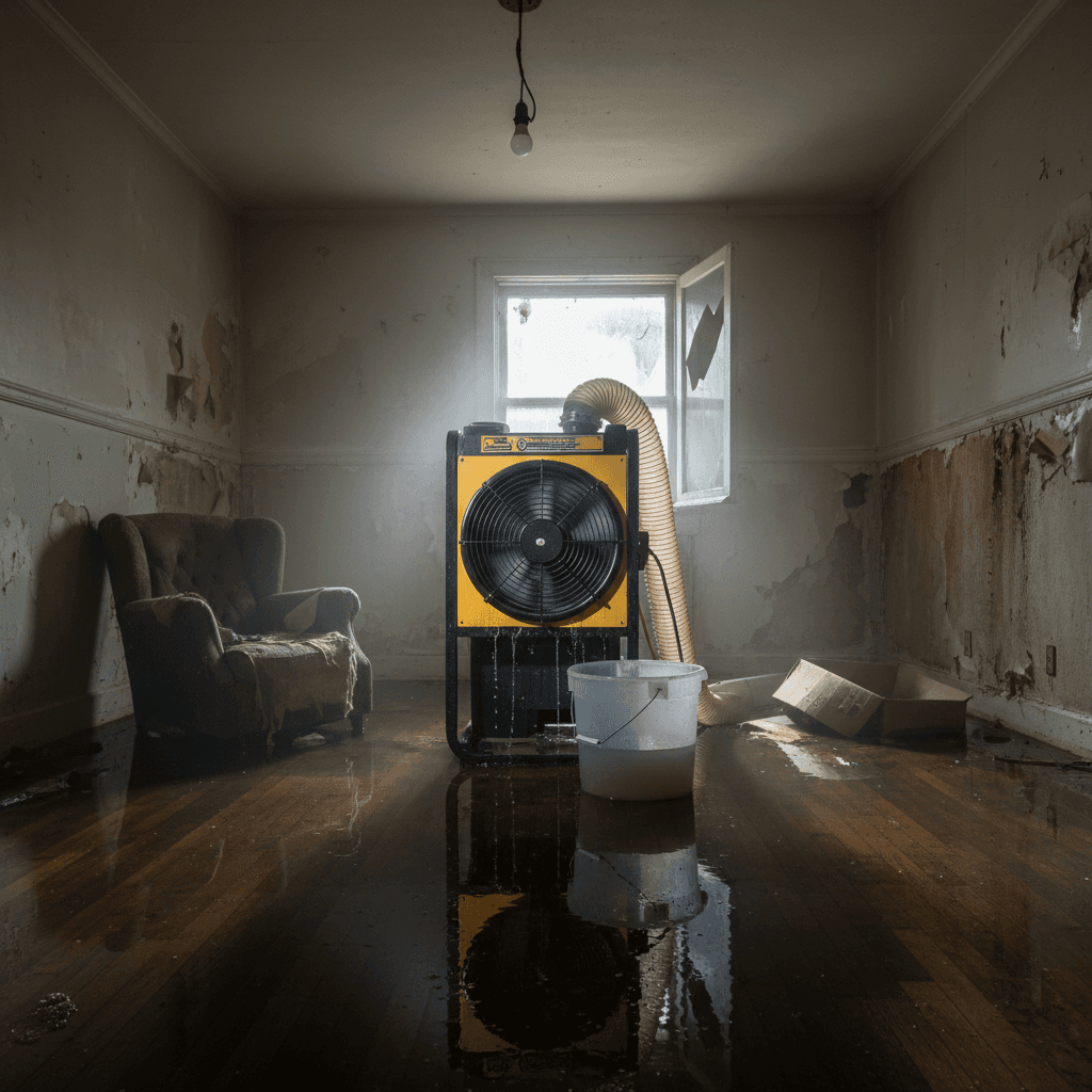 Industrial dehumidifier drying a water-damaged room
