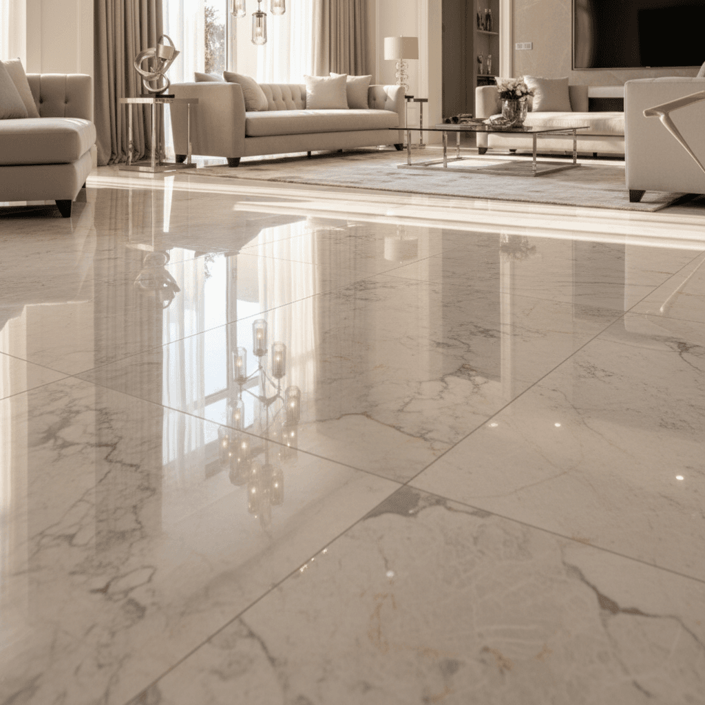 Polished natural stone floor with visible shine