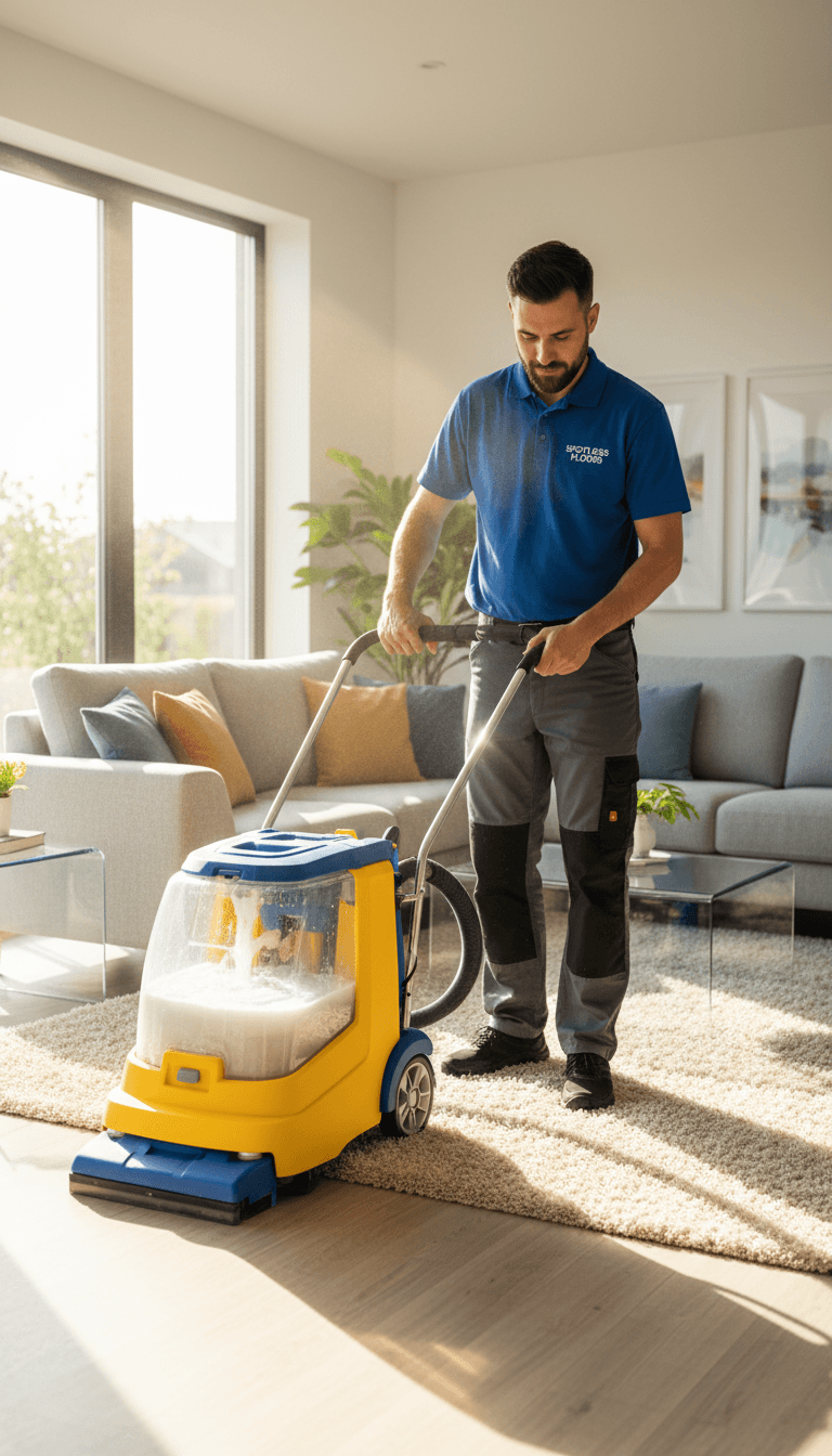 Professional cleaner using carpet cleaning machine in bright living room