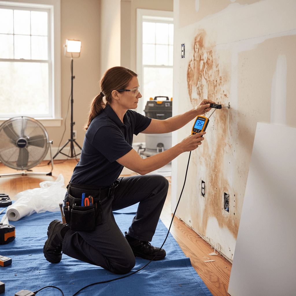 Technician checking moisture levels in drywall with a moisture meter