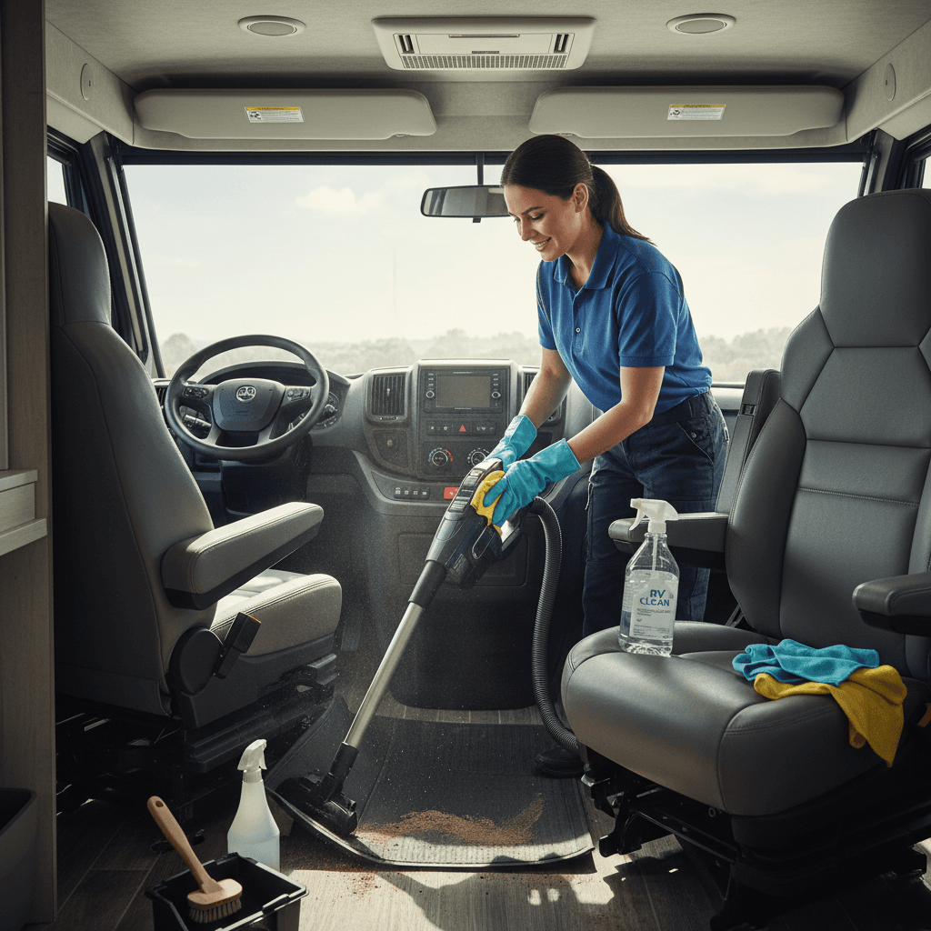 Cleaner vacuuming and wiping down RV cab interior dashboard and seats