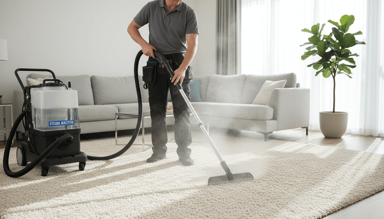 Professional carpet cleaner steaming a residential living room carpet
