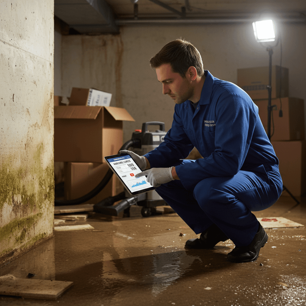 Technician reviewing moisture readings on a digital device in a basement