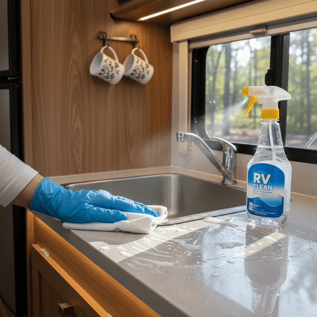 Gloved hand wiping down RV kitchen counter and sink with spray cleaner