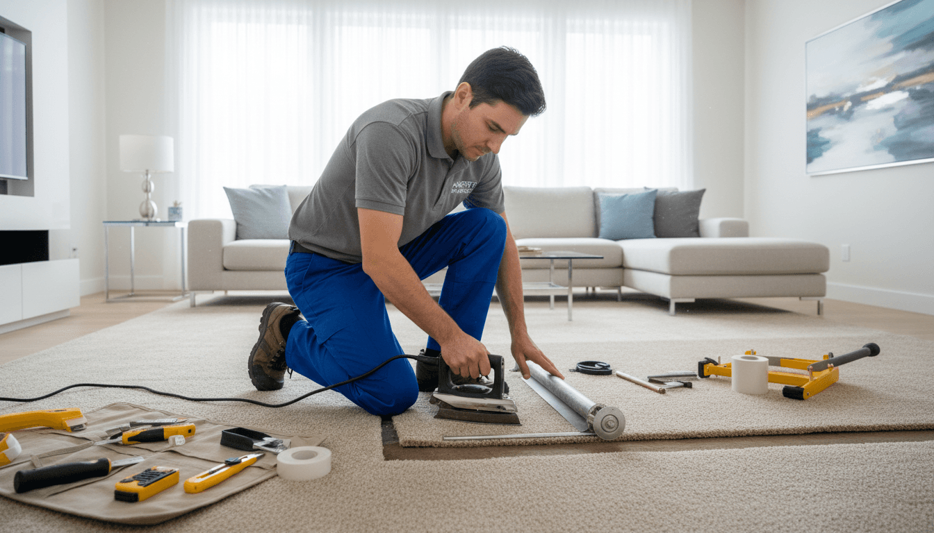Professional technician repairing a carpet seam in a bright living room