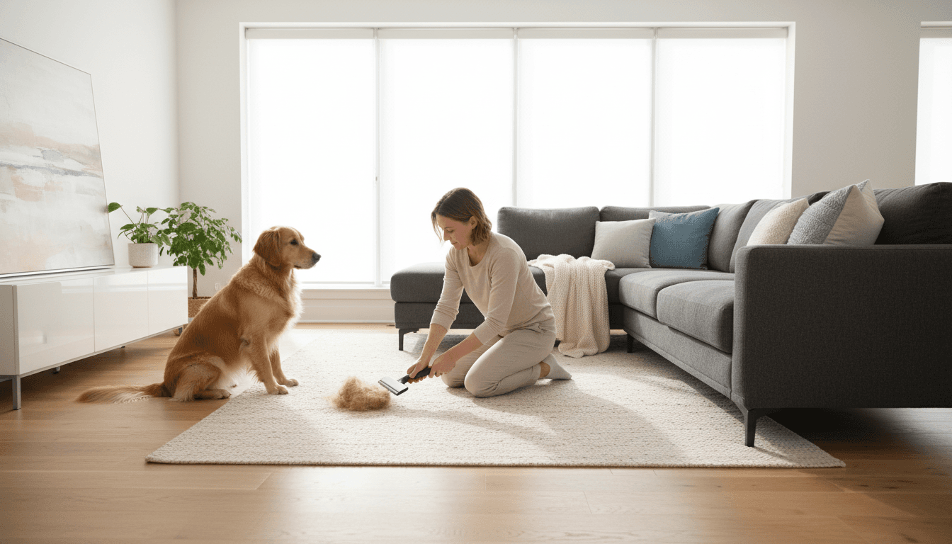 Homeowner with dog in living room where rug is being spot cleaned