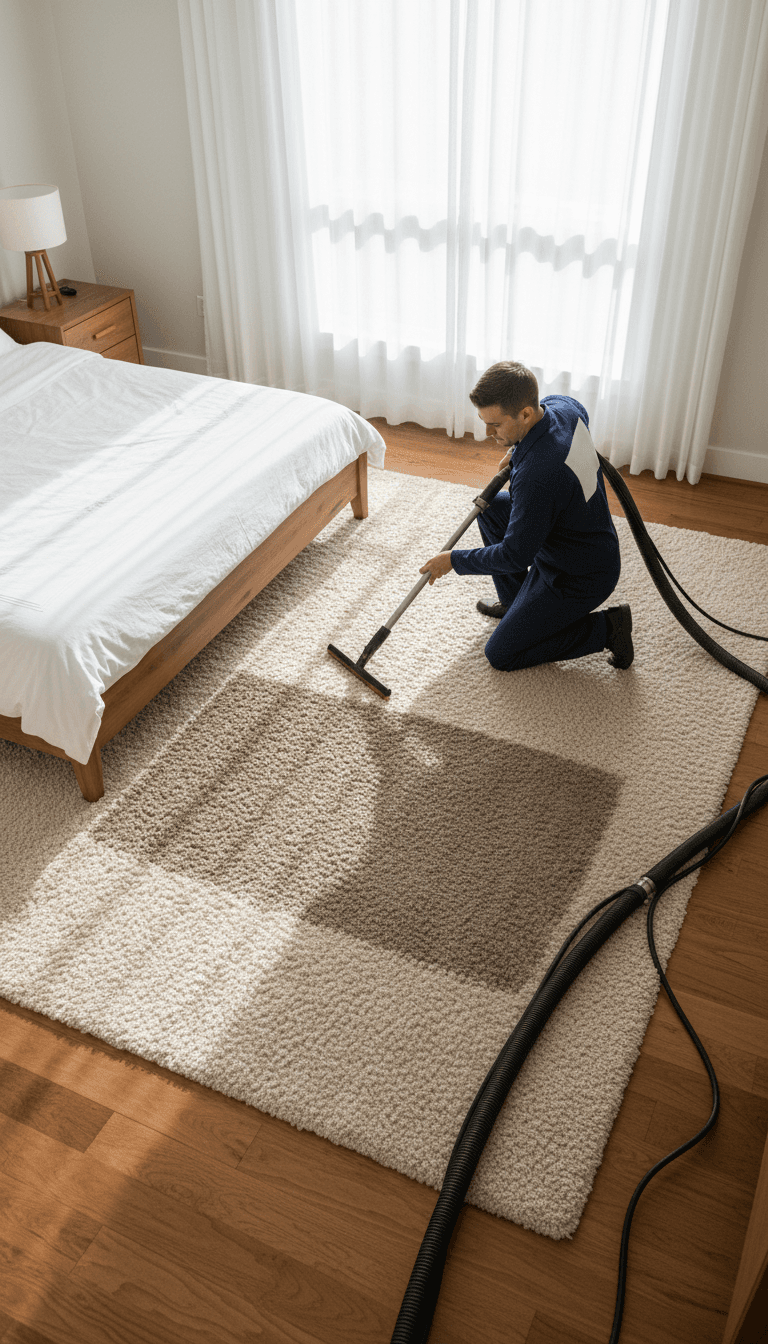 Vintage hand-knotted rug being cleaned with soft brush