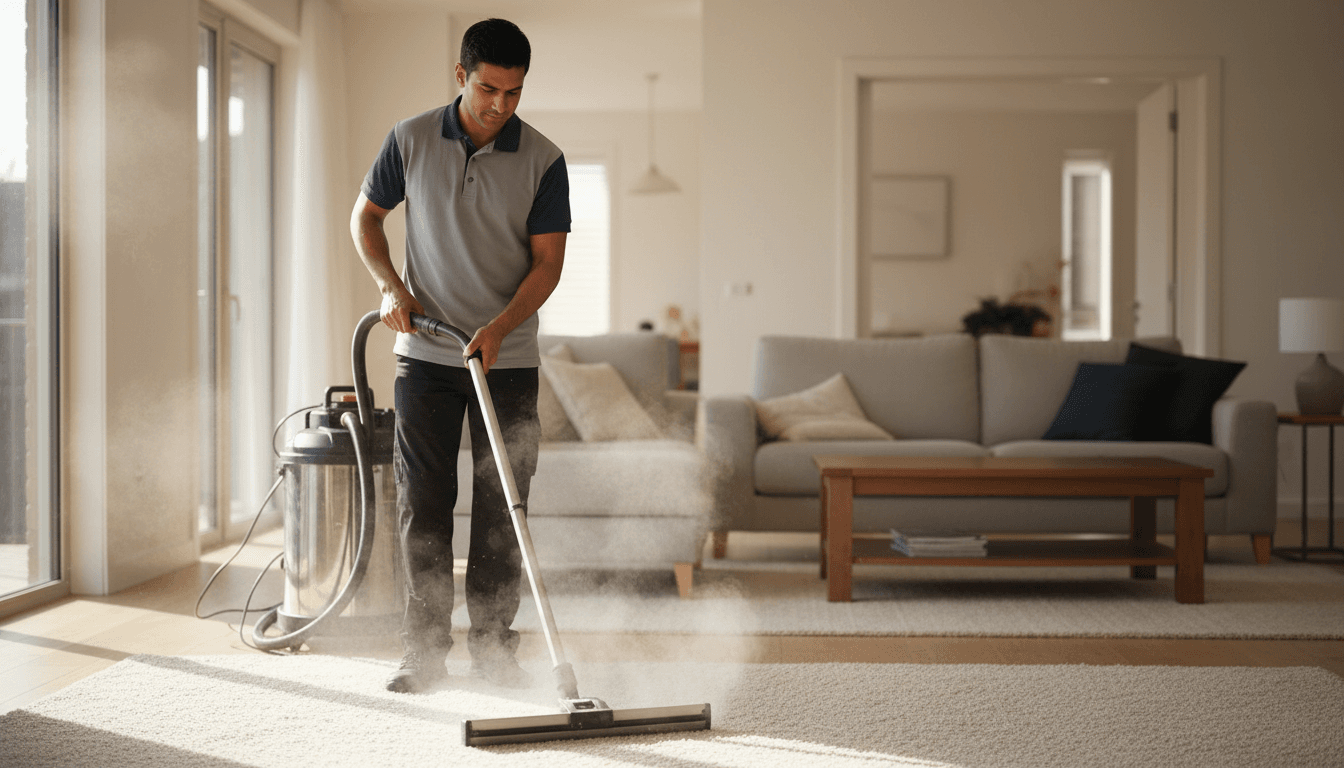 Professional carpet cleaner using steam machine on living room carpet