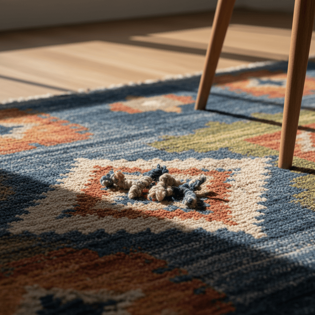 Intricate oriental rug with detailed pattern on hardwood floor
